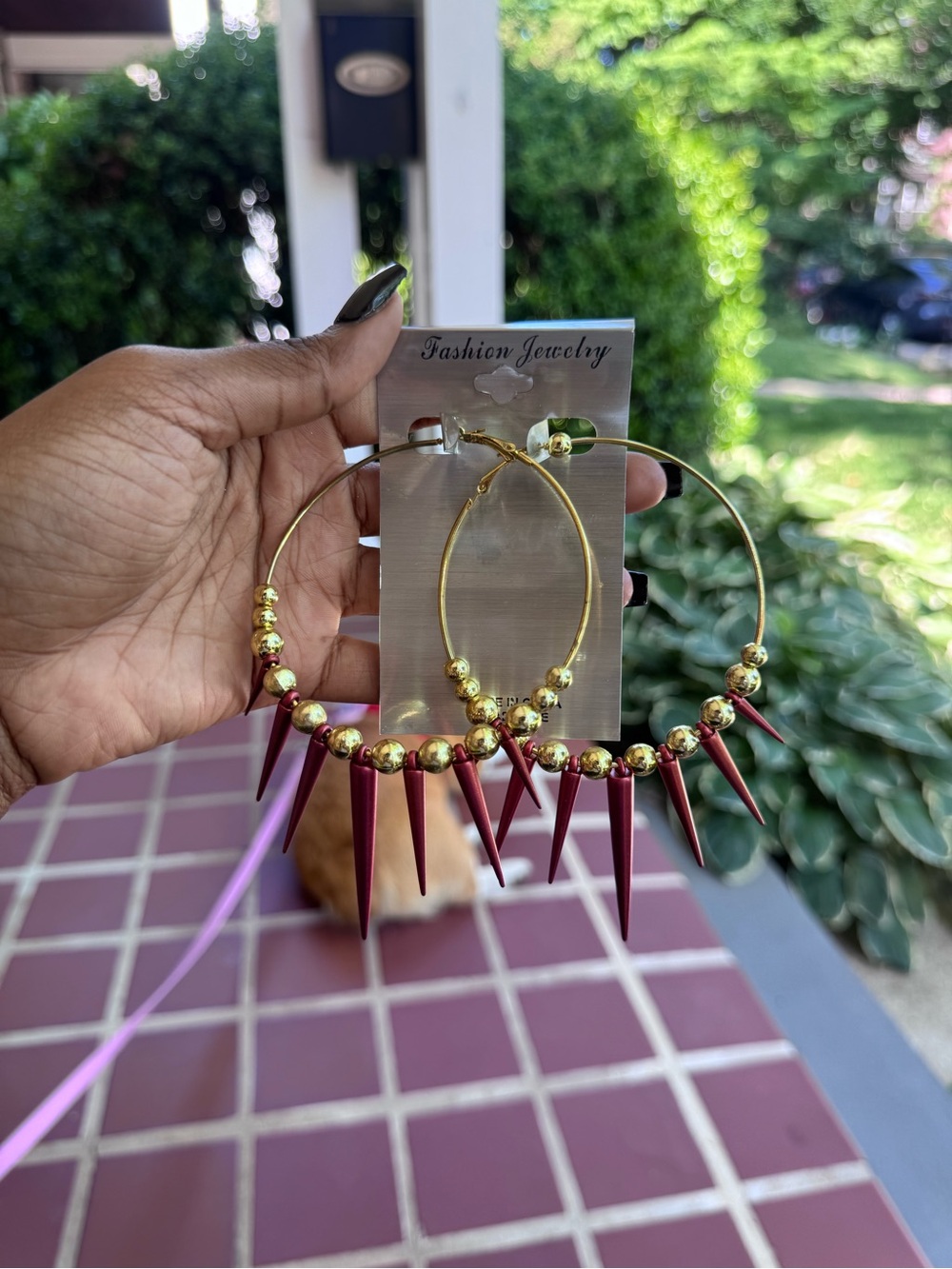 Fashion Jewelry Gold Hoop Earrings with Burgundy Spike Accents
